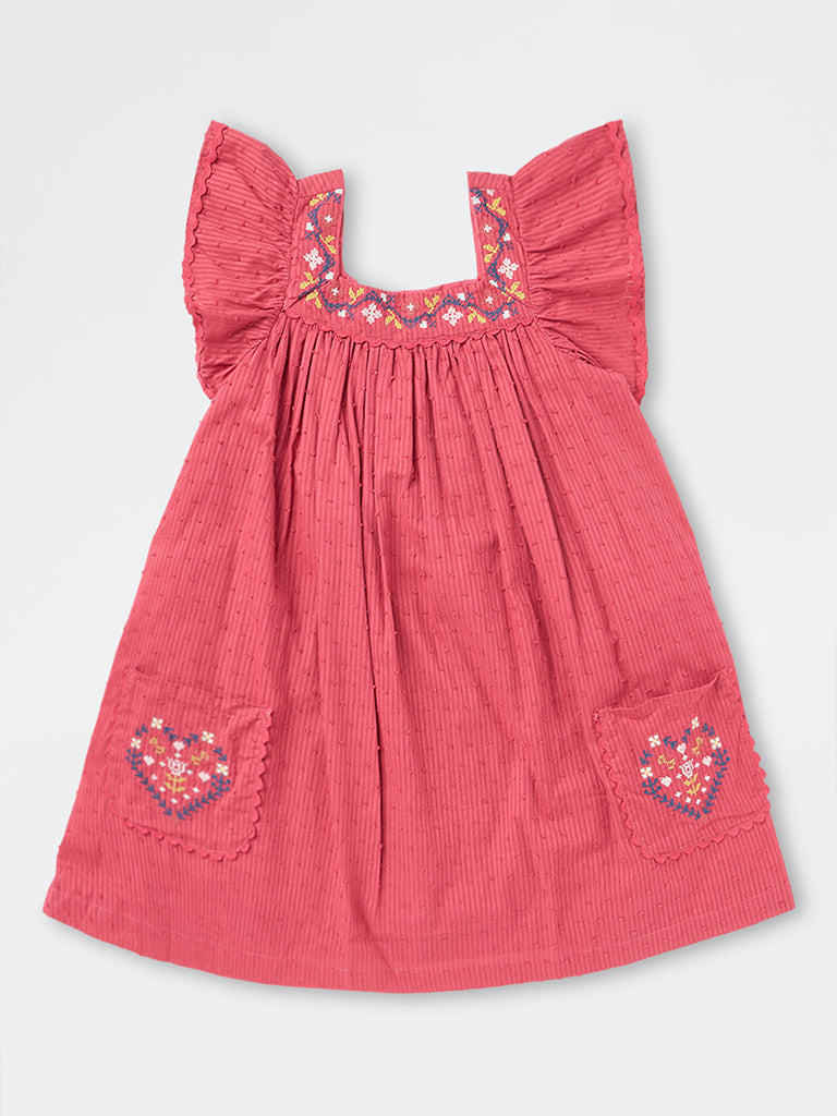 Utsa Kids Girls Pink Floral Embroidered Cotton A-Line Dress (8-14 yrs)
