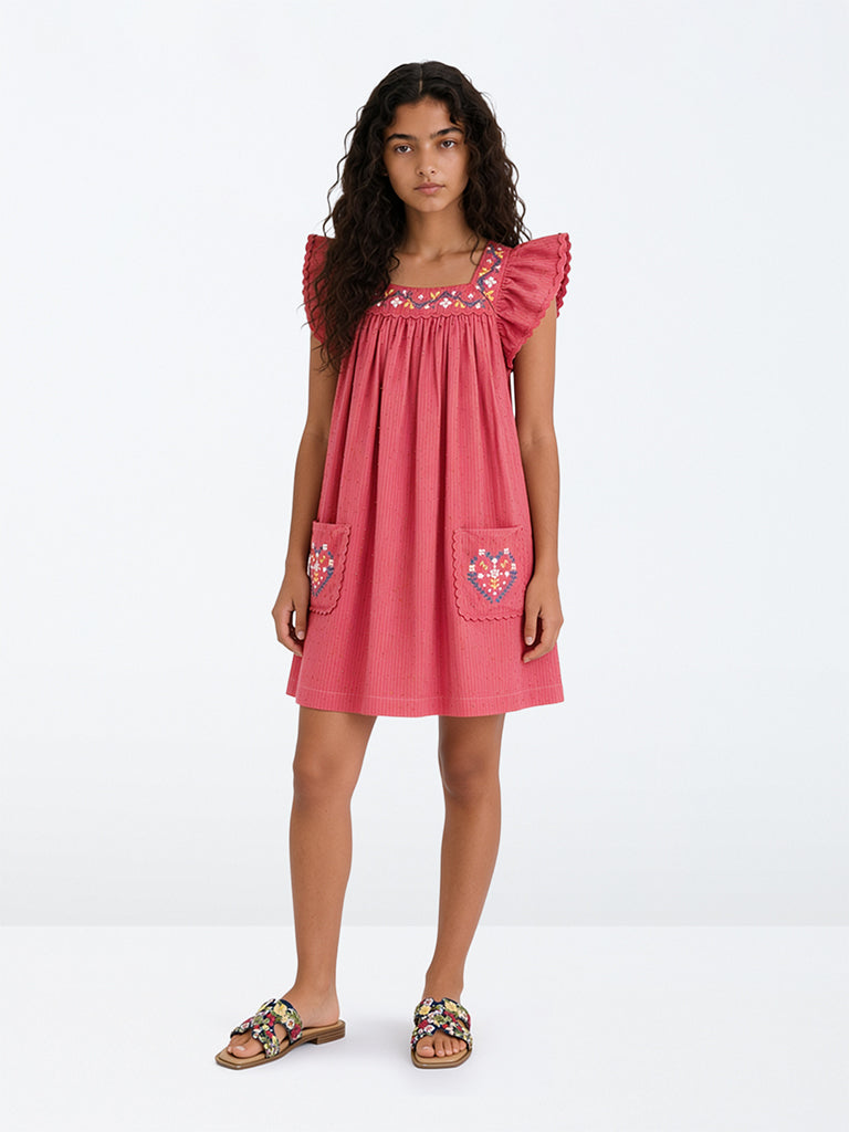 Utsa Kids Girls Pink Floral Embroidered Cotton A-Line Dress (8-14 yrs)