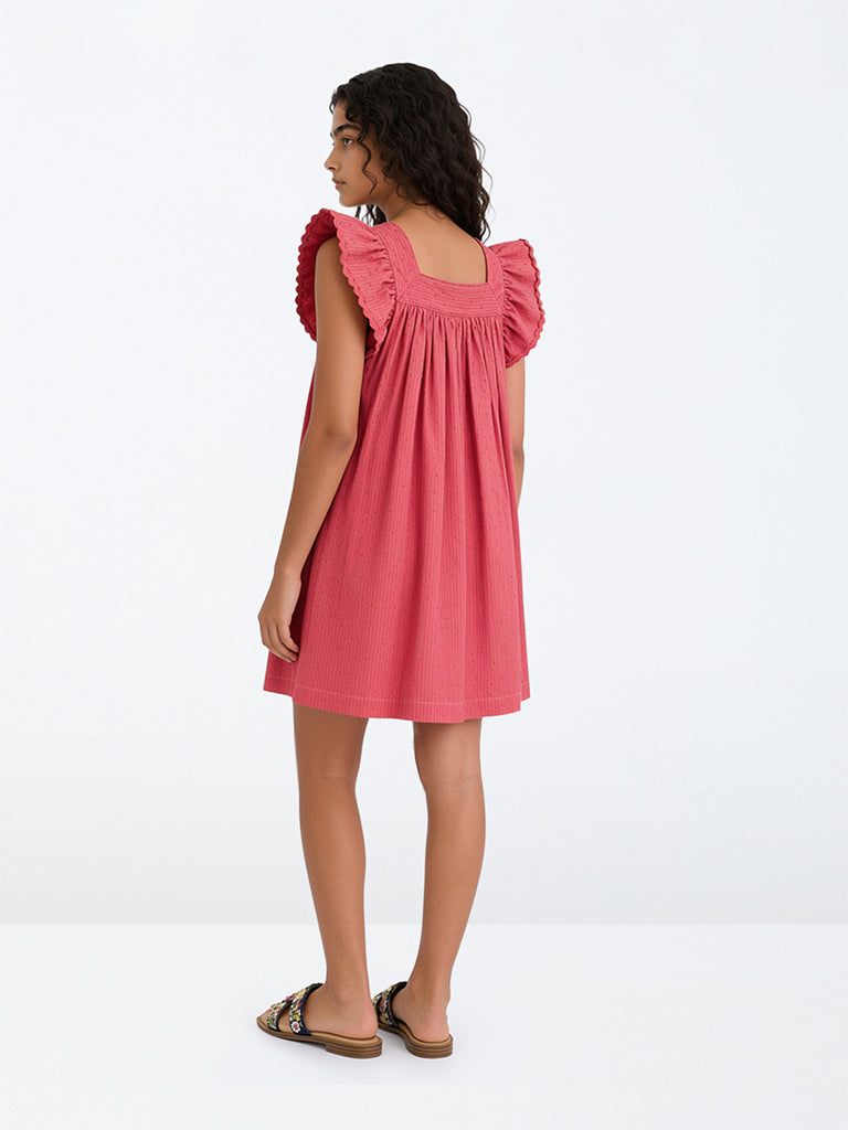Utsa Kids Girls Pink Floral Embroidered Cotton A-Line Dress (8-14 yrs)