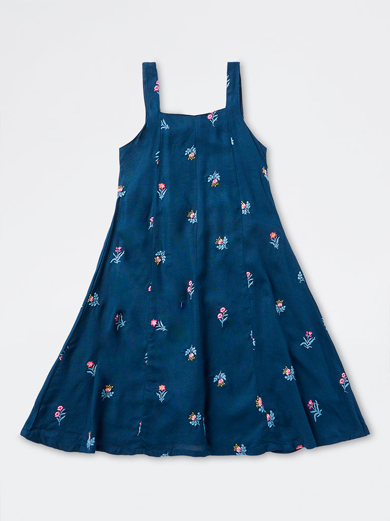 Utsa Kids Girls Dark Blue Floral Embroidered A-Line Dress - (8-14 yrs)