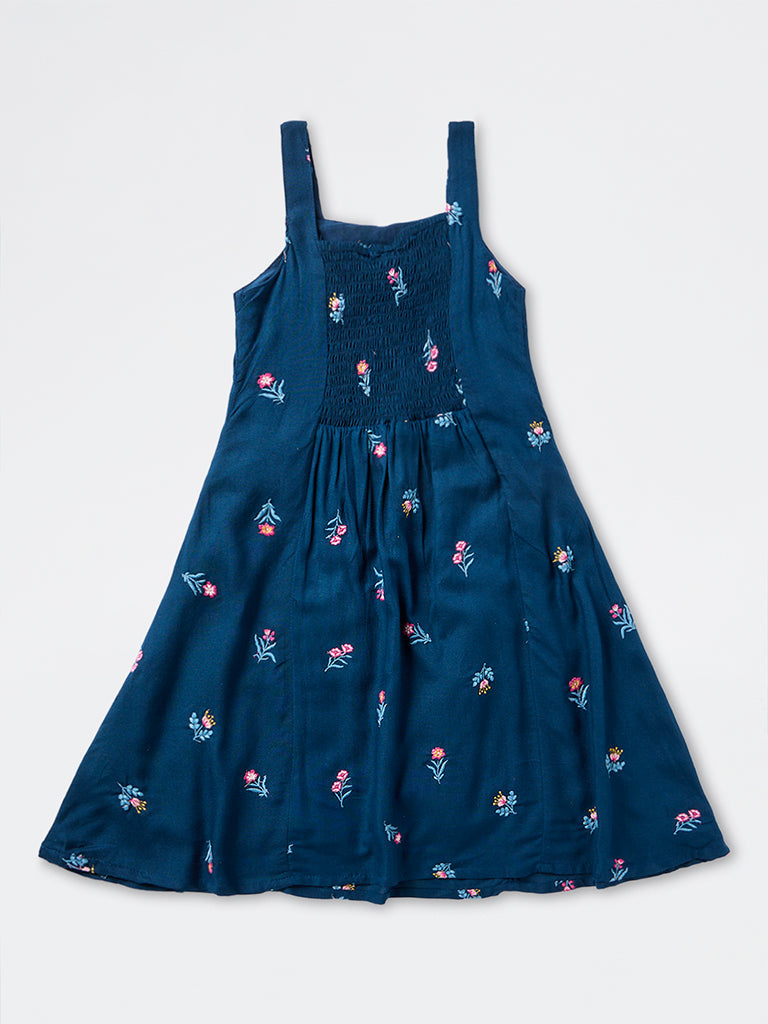 Utsa Kids Girls Dark Blue Floral Embroidered A-Line Dress - (8-14 yrs)