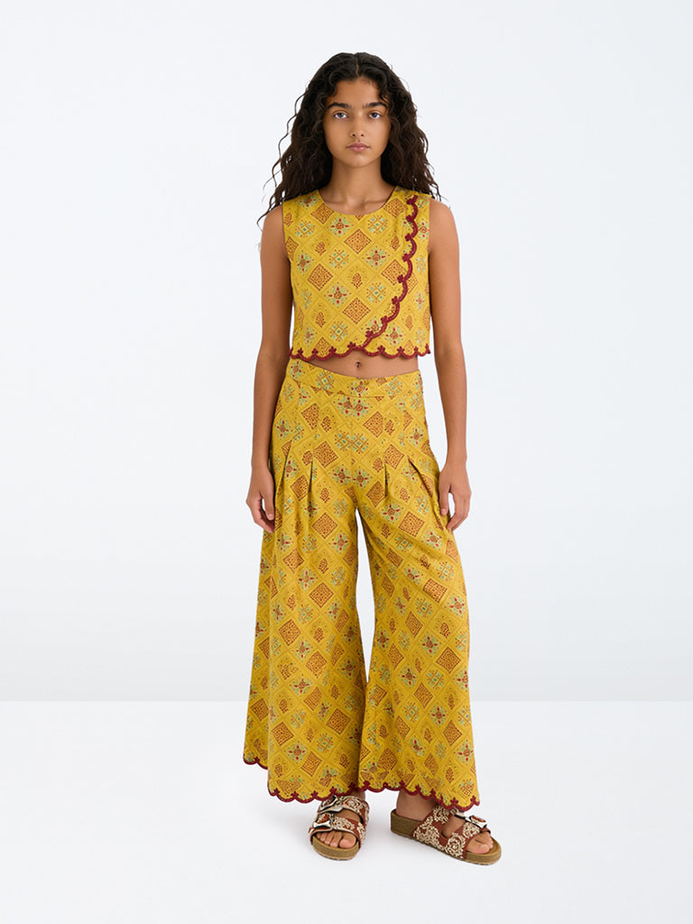 Utsa Kids Girls Yellow Printed Cotton Crop Top with Palazzo Set (8-14 yrs)