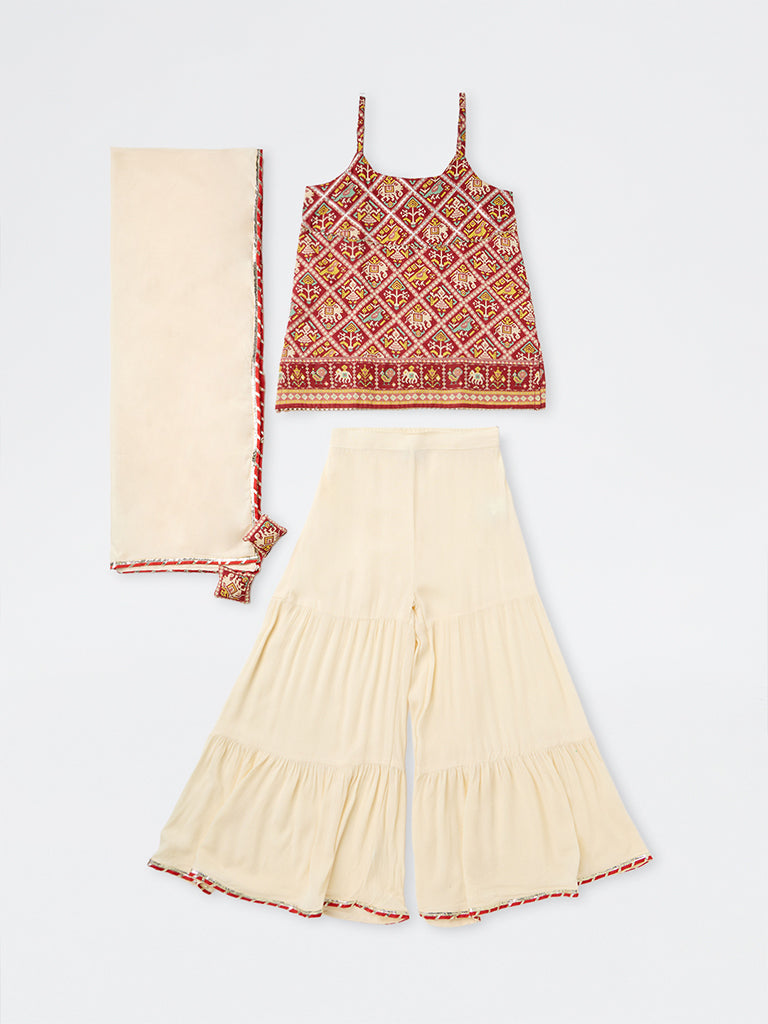 Utsa Kids Girls Red Printed Cotton Kurta with Sharara Set (8-14 yrs)