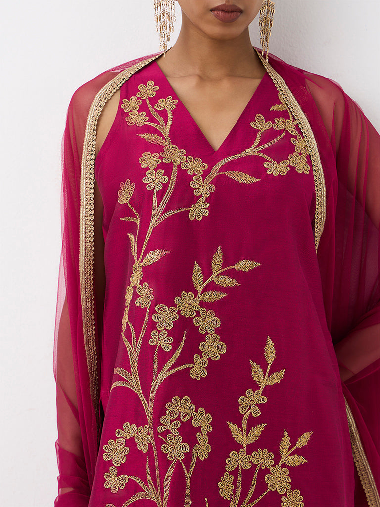 Vark Magenta Foliage Embroidered A-Line Ethnic Set