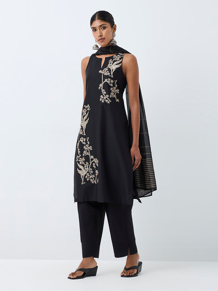 Vark Black Nature Embroidered A-Line Ethnic Set