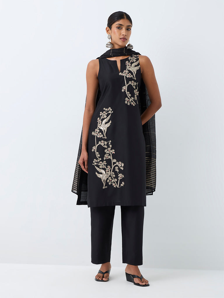 Vark Black Nature Embroidered A-Line Ethnic Set