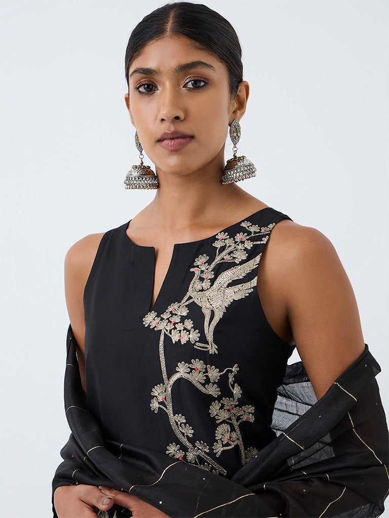 Vark Black Nature Embroidered A-Line Ethnic Set