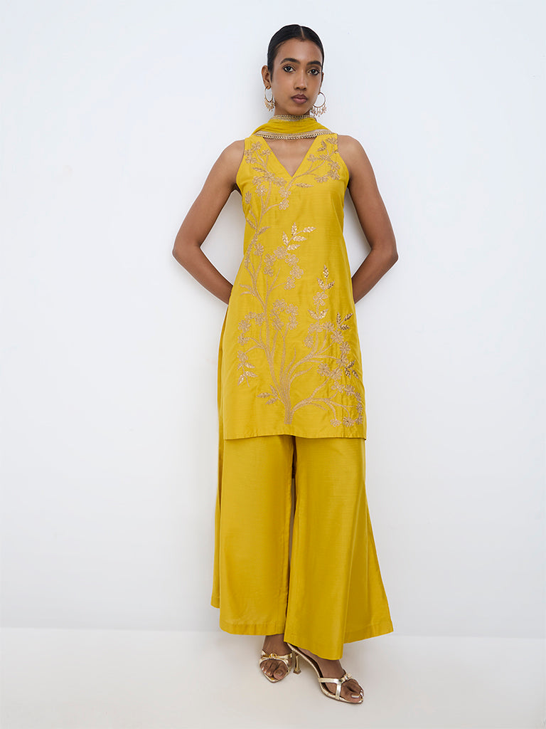 Vark Yellow Floral Embroidered A-Line Ethnic Set