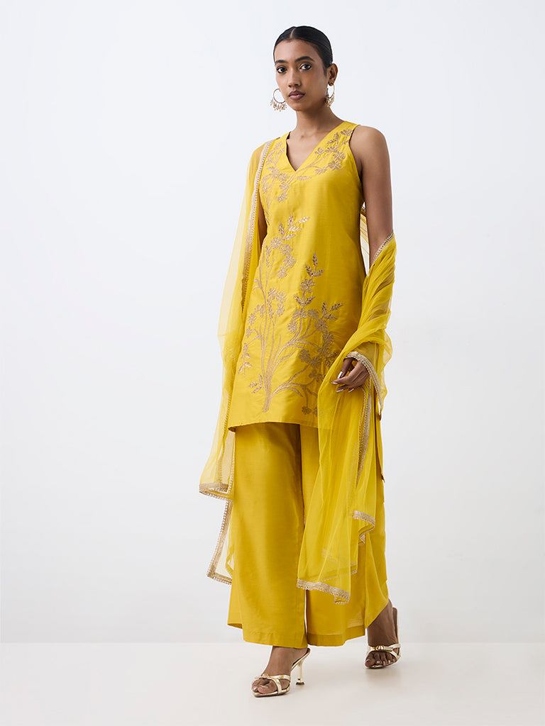 Vark Yellow Floral Embroidered A-Line Ethnic Set