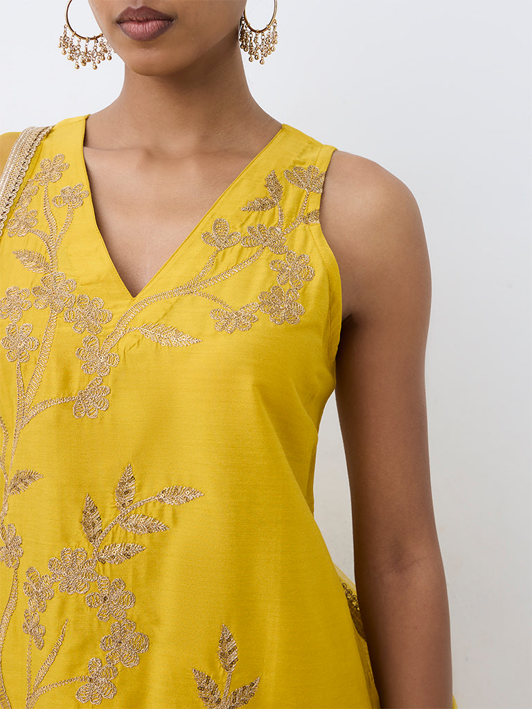 Vark Yellow Floral Embroidered A-Line Ethnic Set