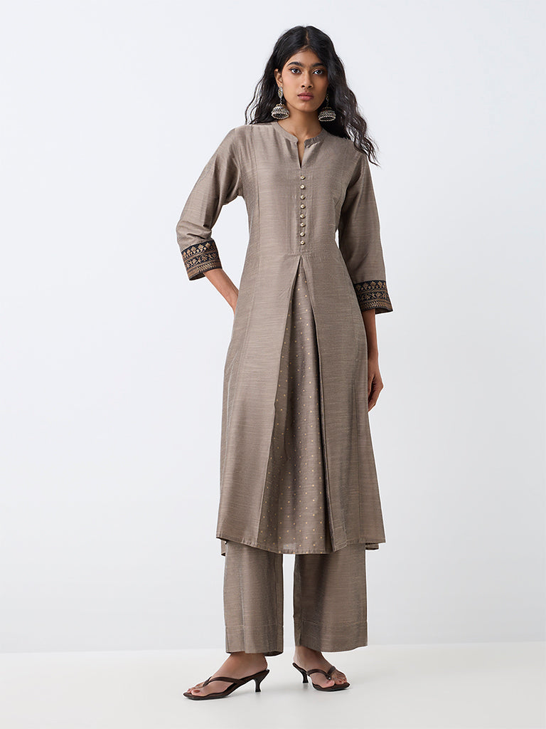 Utsa Grey Panelled Fit-and-Flare Kurta