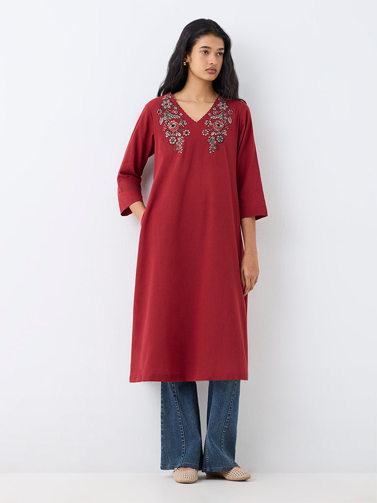 Utsa Red Floral Embroidered Flared Cotton Kurta