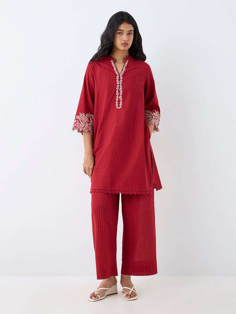 Utsa Red Striped Cotton Straight Kurta