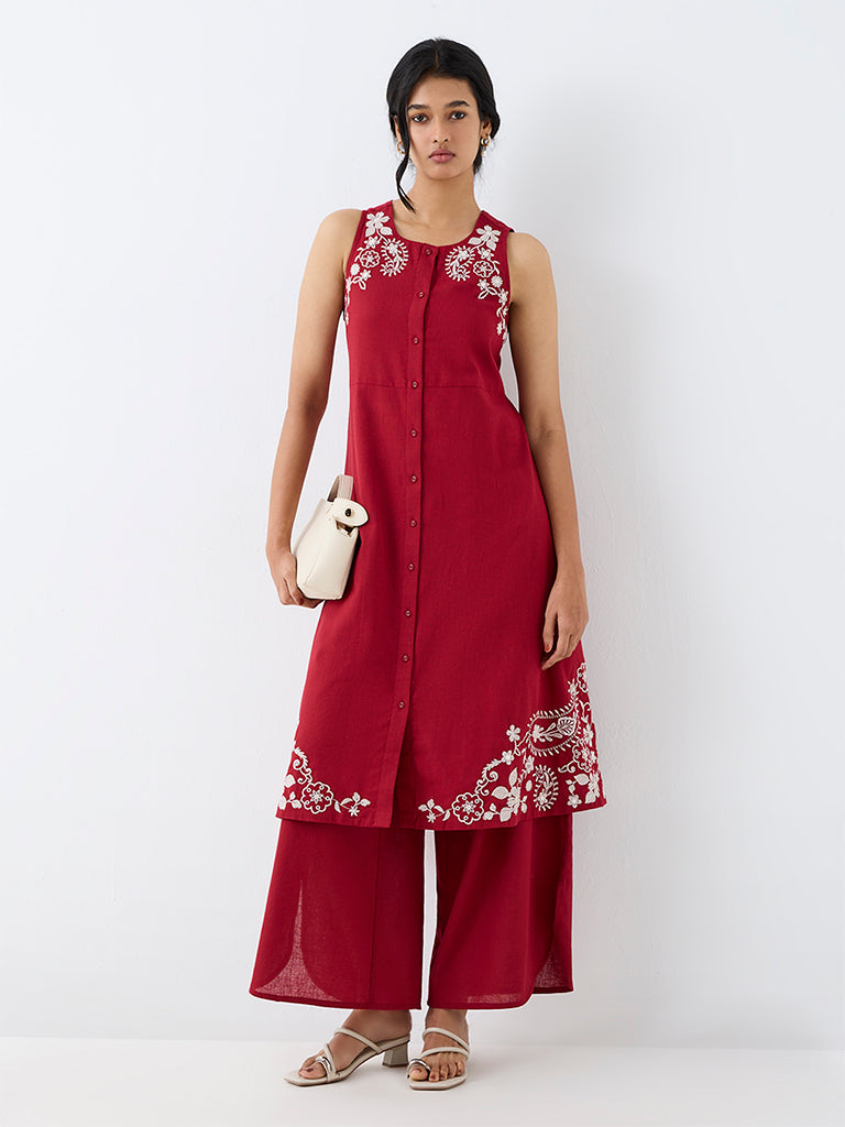Utsa Red Floral Embroidered Cotton-Blend A-Line Kurta