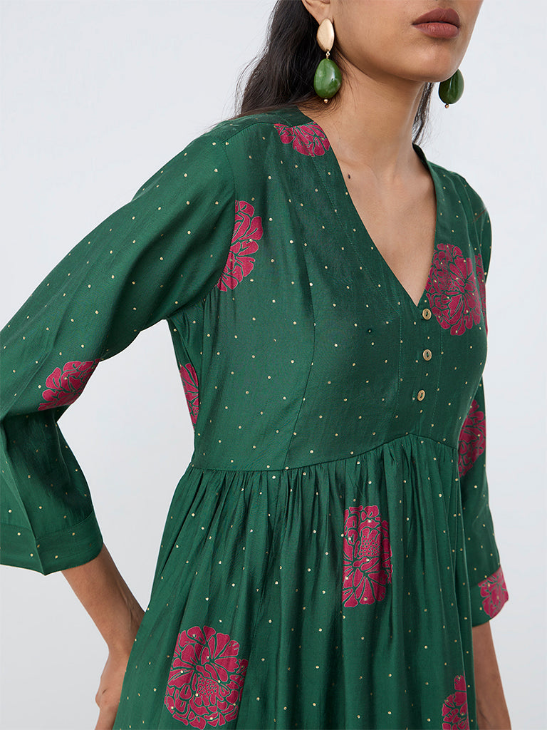 Utsa Green Floral Printed Empire-Line Kurta
