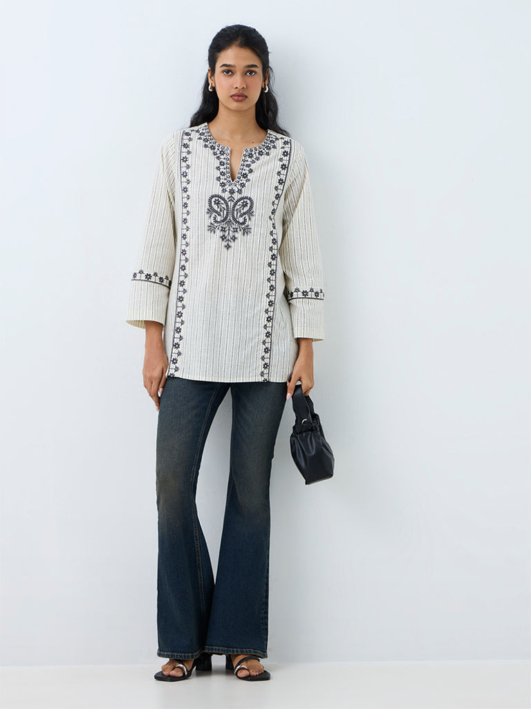 Utsa Grey Embroidered Cotton Tunic