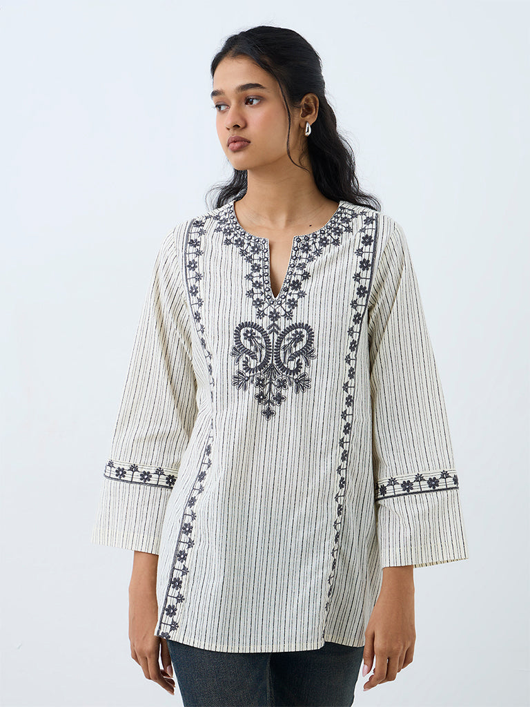 Utsa Grey Embroidered Cotton Tunic