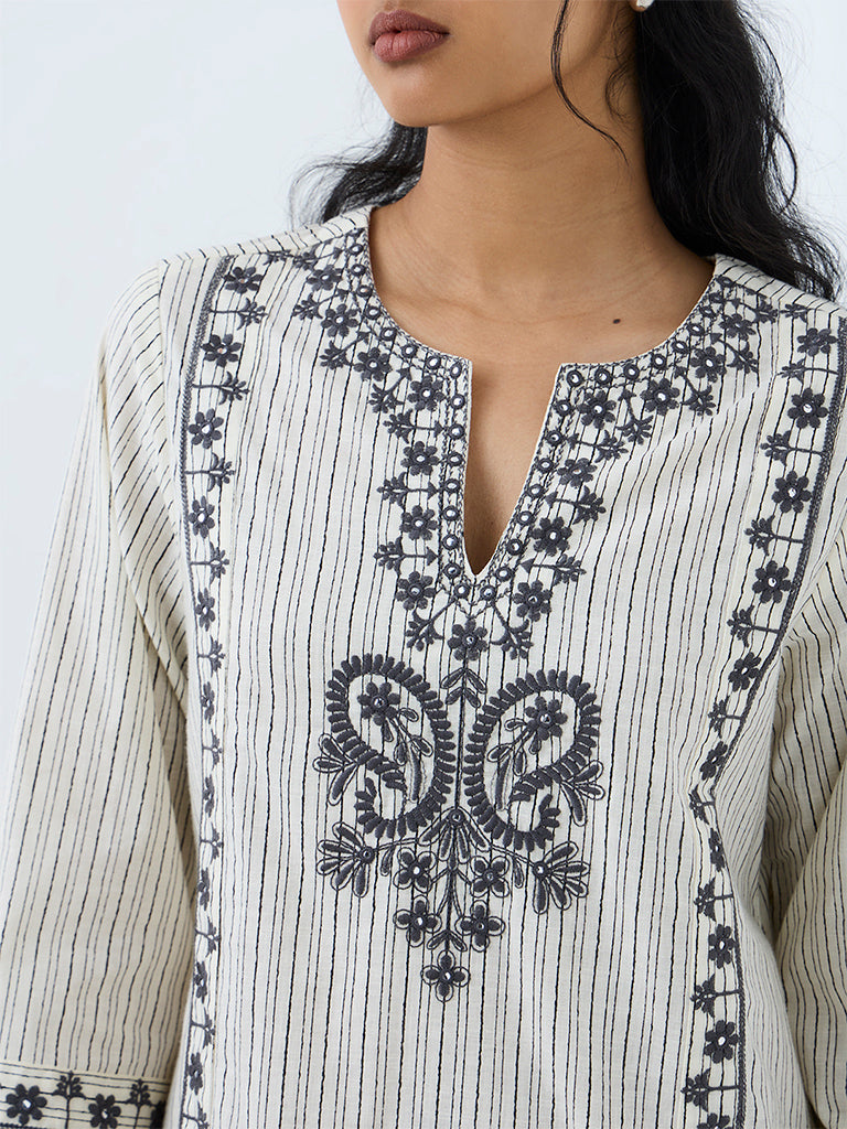 Utsa Grey Embroidered Cotton Tunic