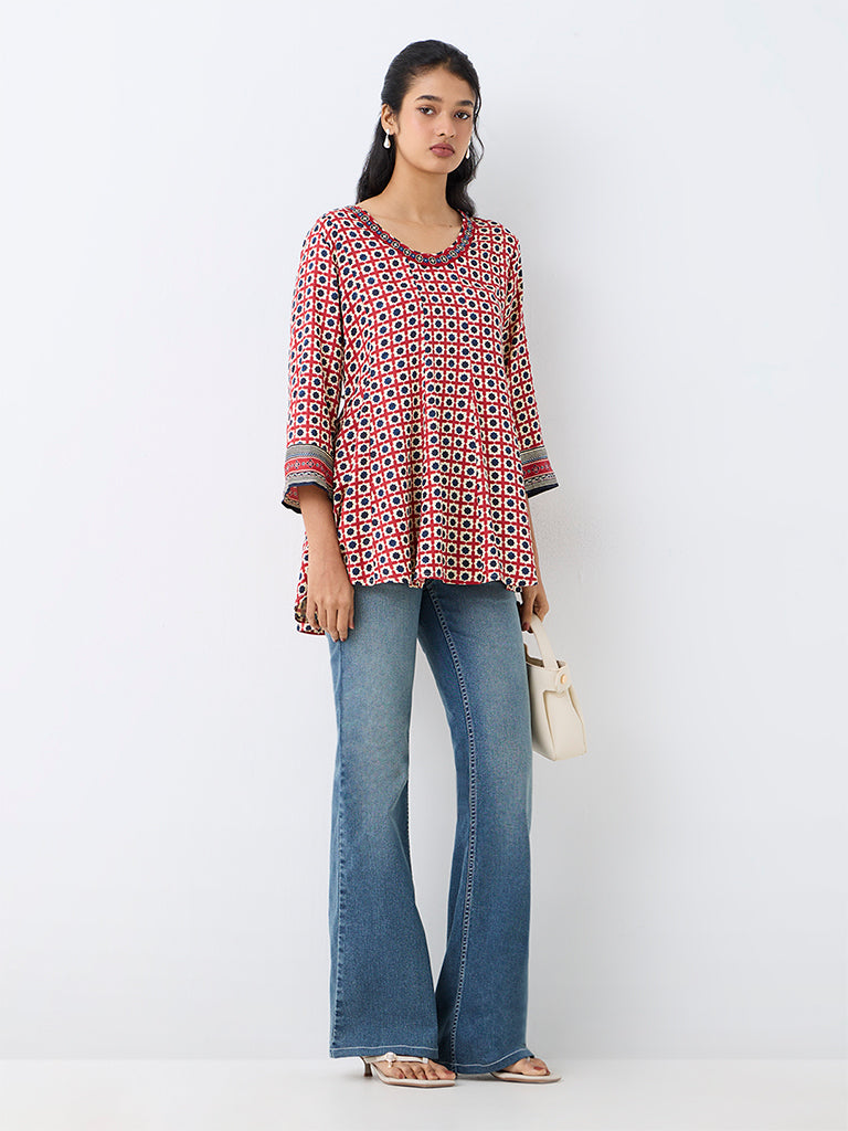 Utsa Red Geometric Printed Cotton Tunic