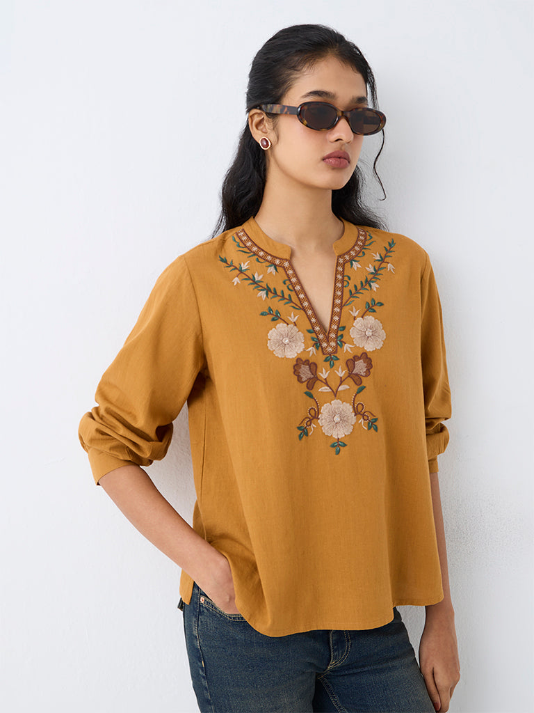 Utsa Mustard Floral Embroidered Cotton-Blend Top
