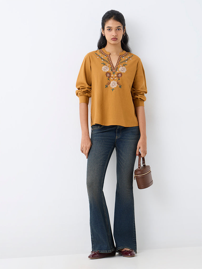 Utsa Mustard Floral Embroidered Cotton-Blend Top
