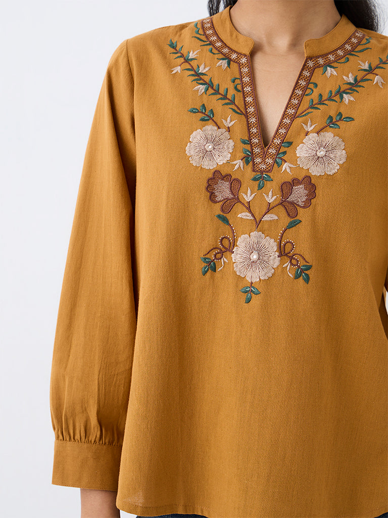 Utsa Mustard Floral Embroidered Cotton-Blend Top