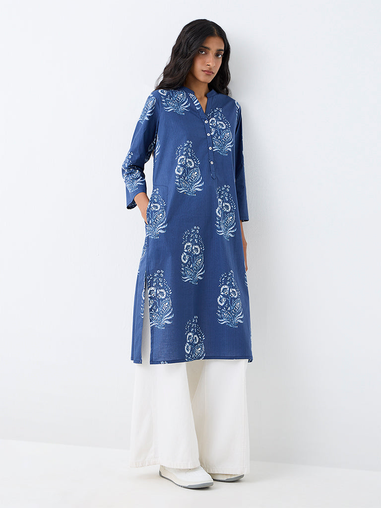 Utsa Indigo Floral Printed Cotton Straight Kurta