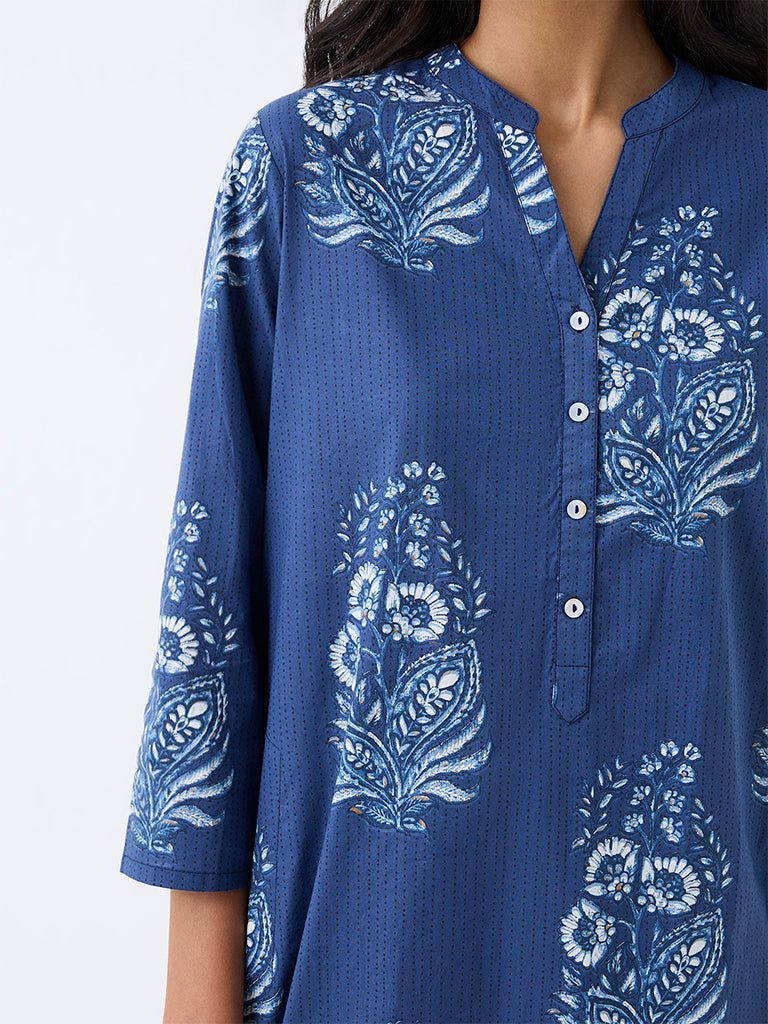 Utsa Indigo Floral Printed Cotton Straight Kurta