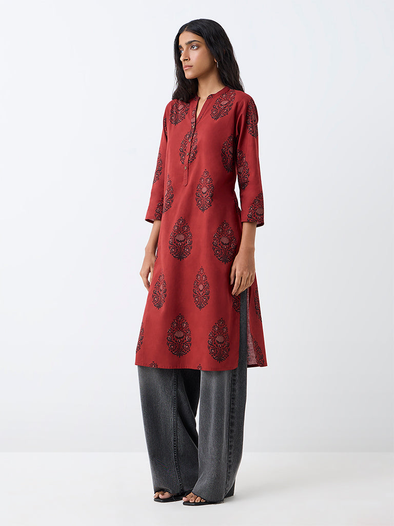 Utsa Rust Floral Printed Cotton Straight Kurta