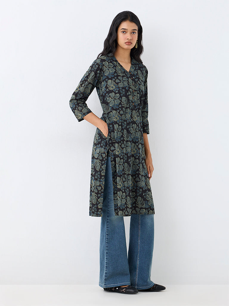 Utsa Black Floral Printed Straight Cotton Kurta
