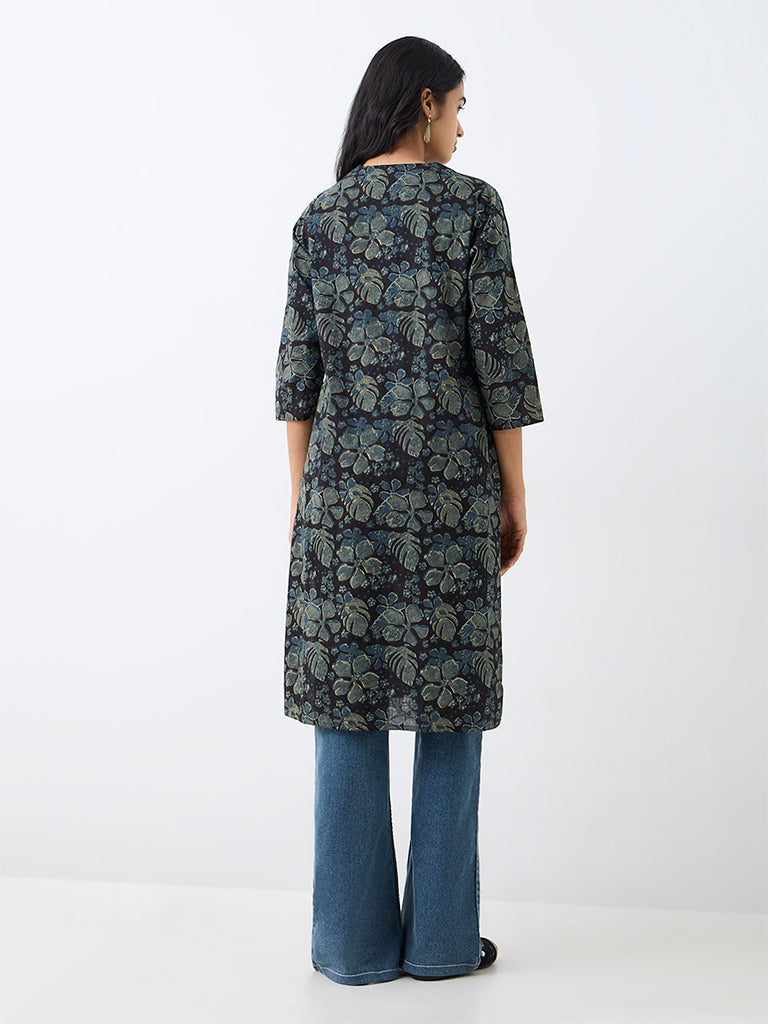 Utsa Black Floral Printed Straight Cotton Kurta