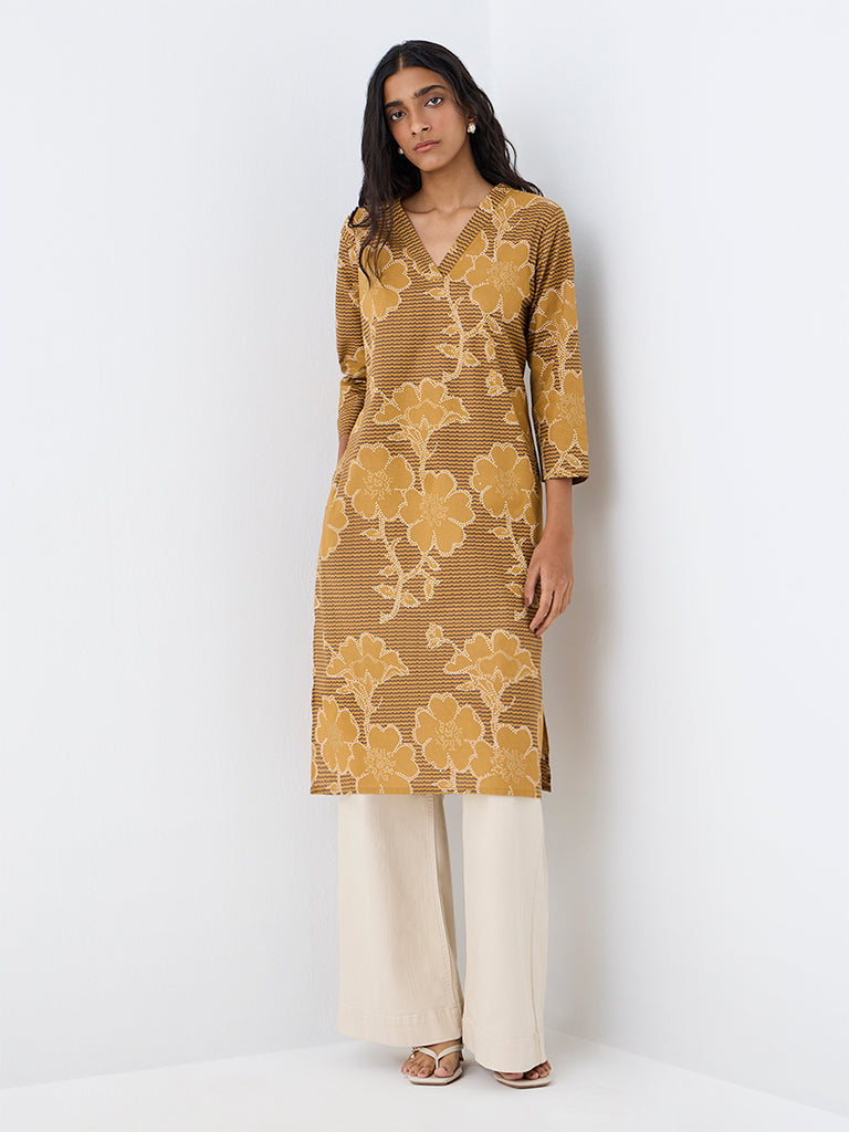 Utsa Dark Mustard Floral Printed Cotton Straight Kurta