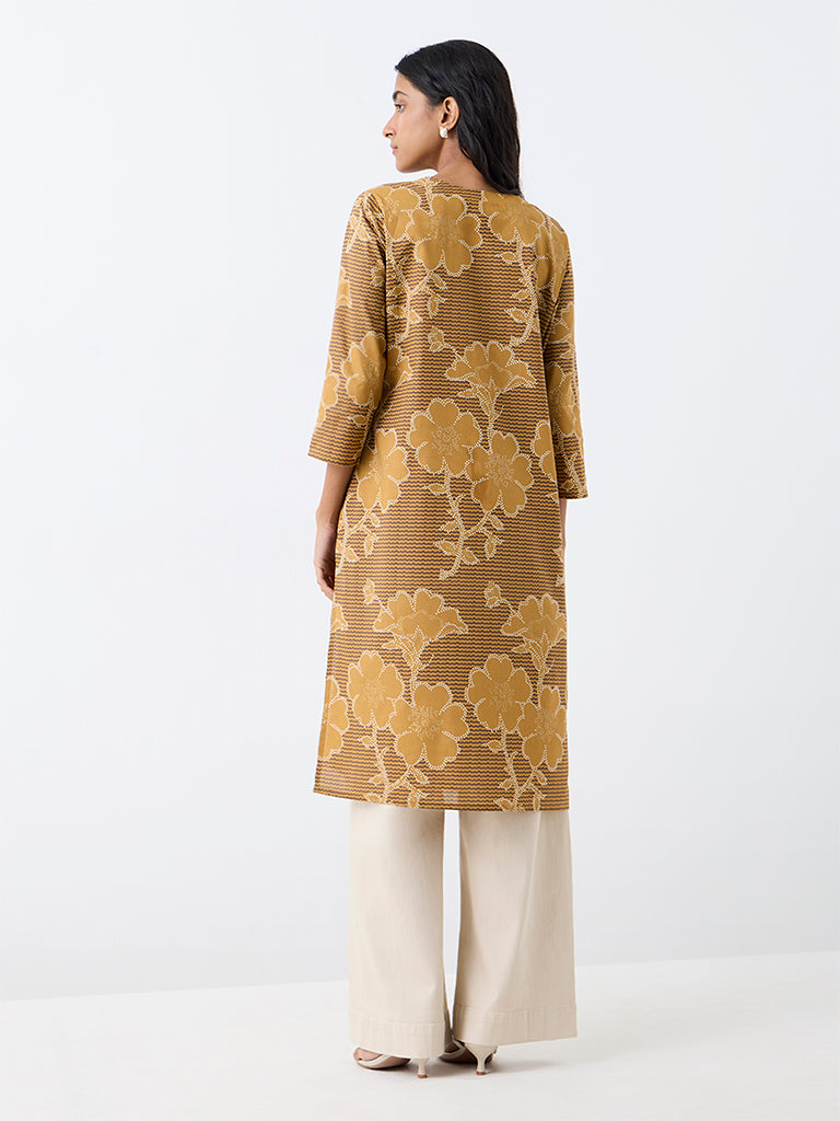Utsa Dark Mustard Floral Printed Cotton Straight Kurta