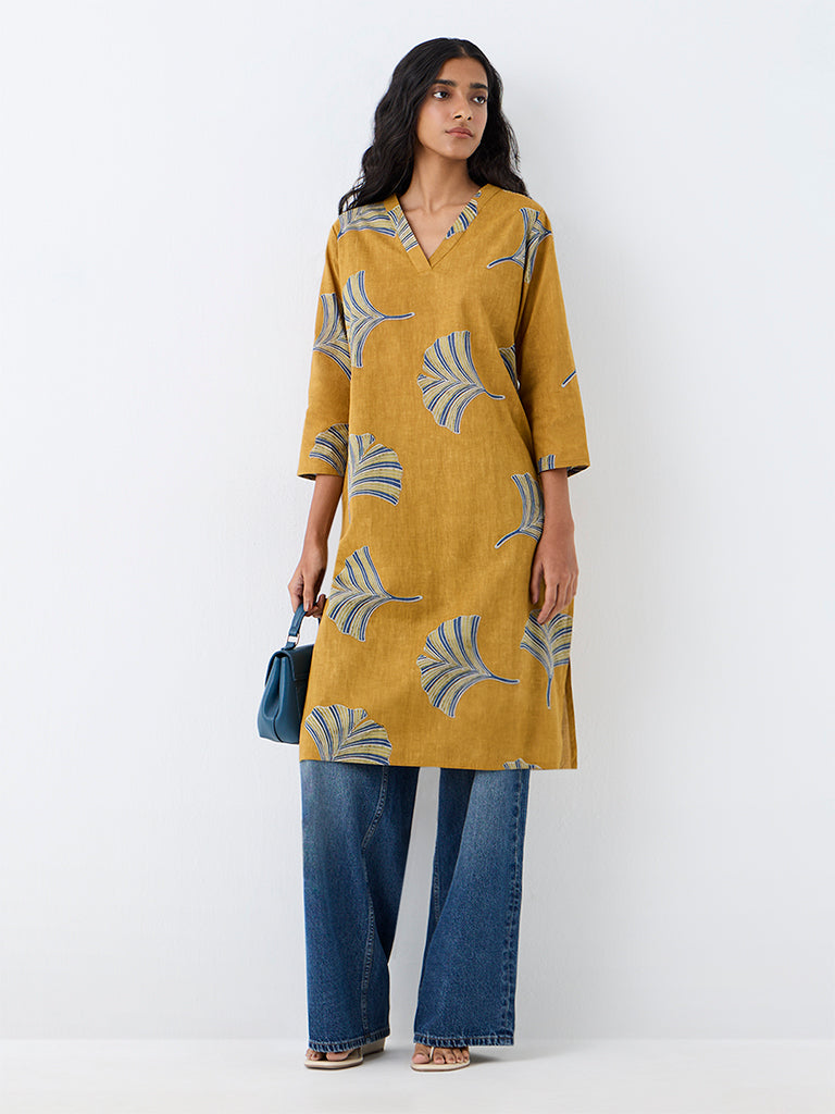 Utsa Mustard Botanical Printed Cotton Straight Kurta