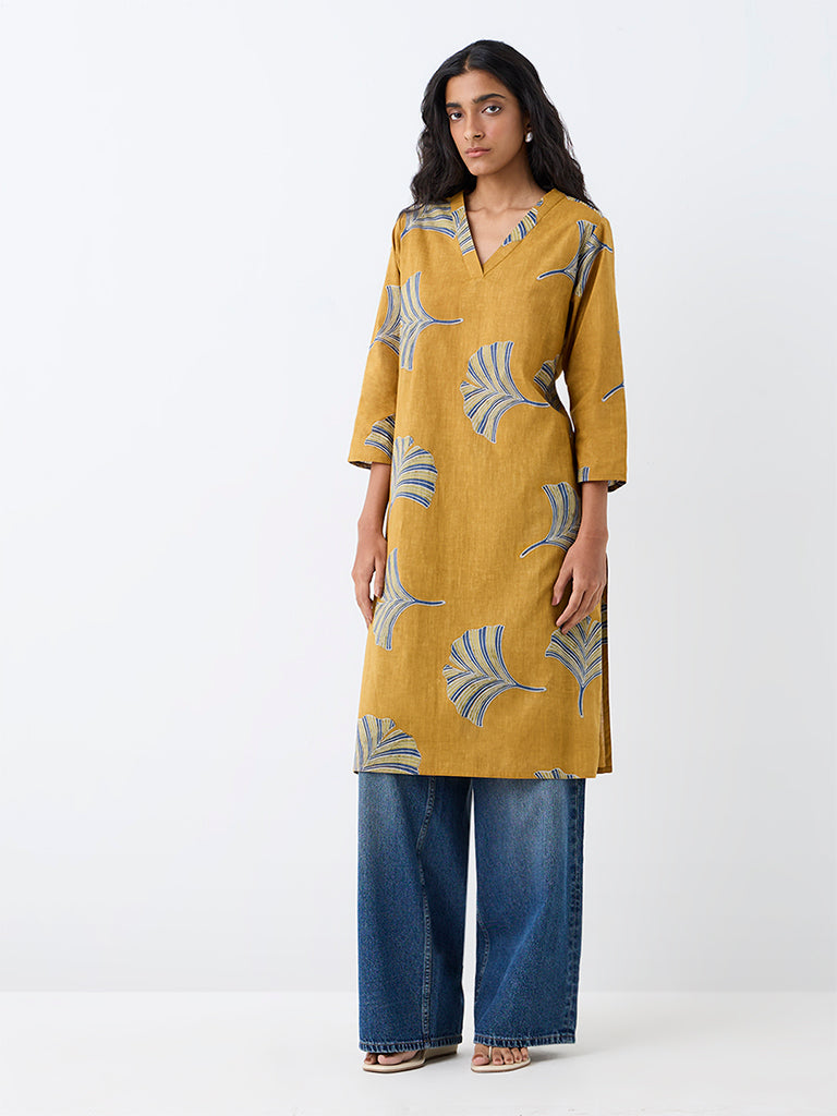 Utsa Mustard Botanical Printed Cotton Straight Kurta