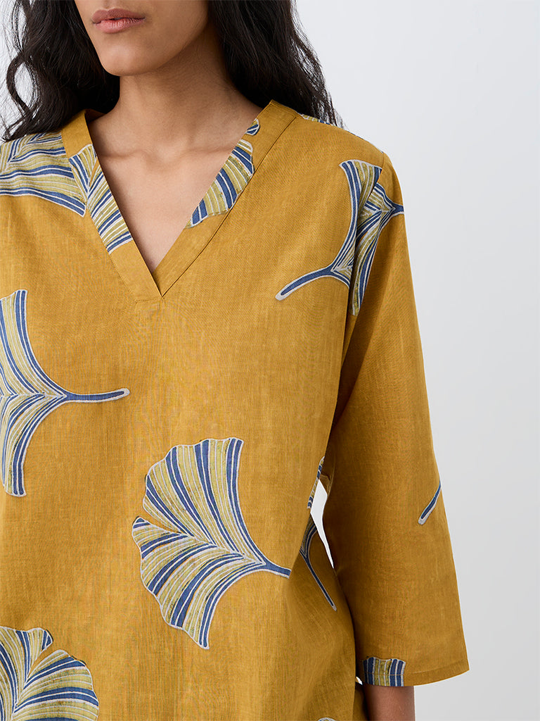 Utsa Mustard Botanical Printed Cotton Straight Kurta