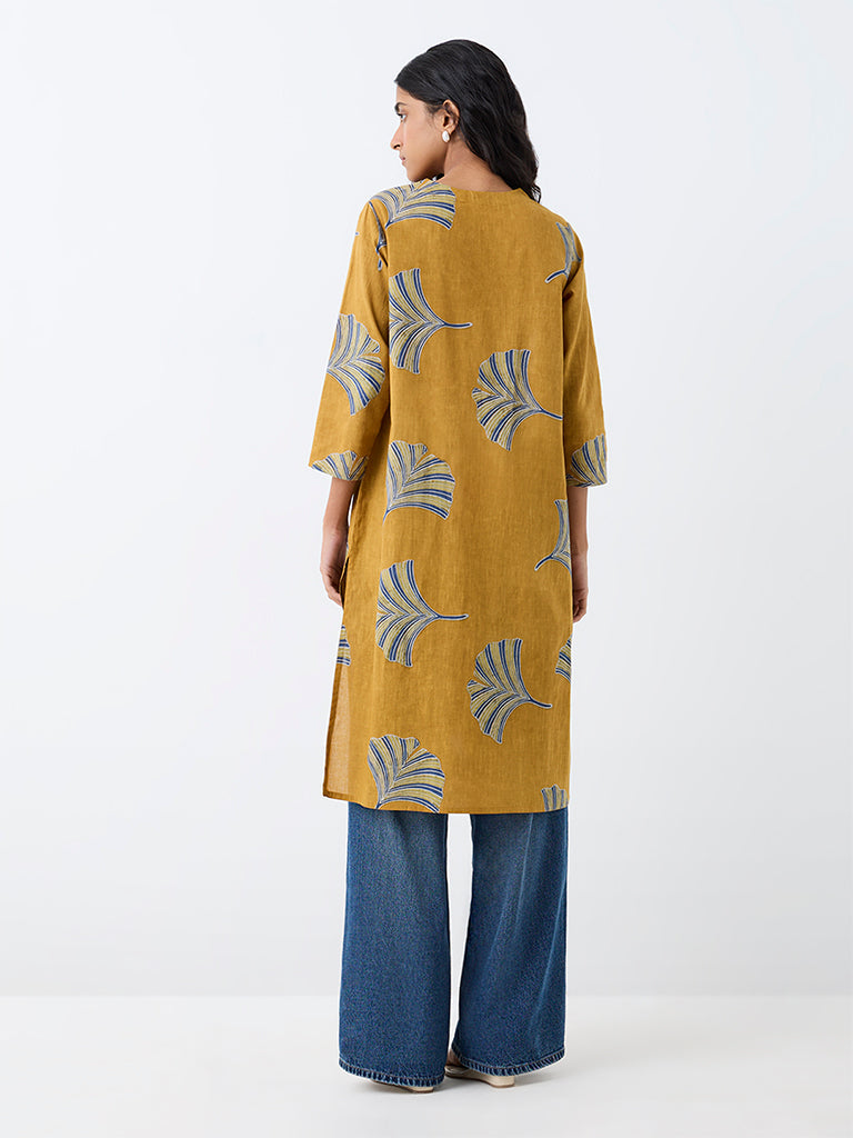 Utsa Mustard Botanical Printed Cotton Straight Kurta