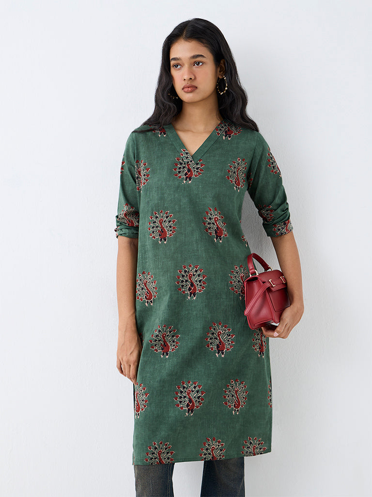 Utsa Dark Green Bird Printed Cotton Straight Kurta