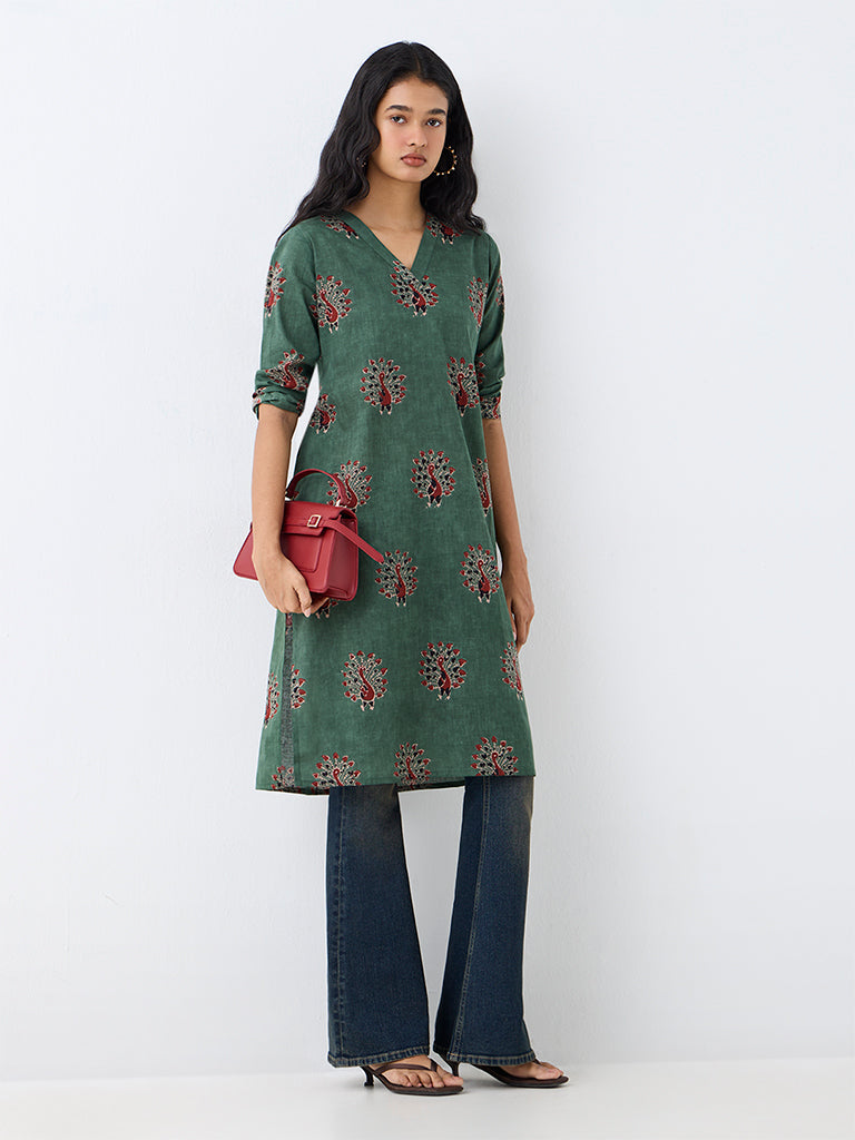 Utsa Dark Green Bird Printed Cotton Straight Kurta
