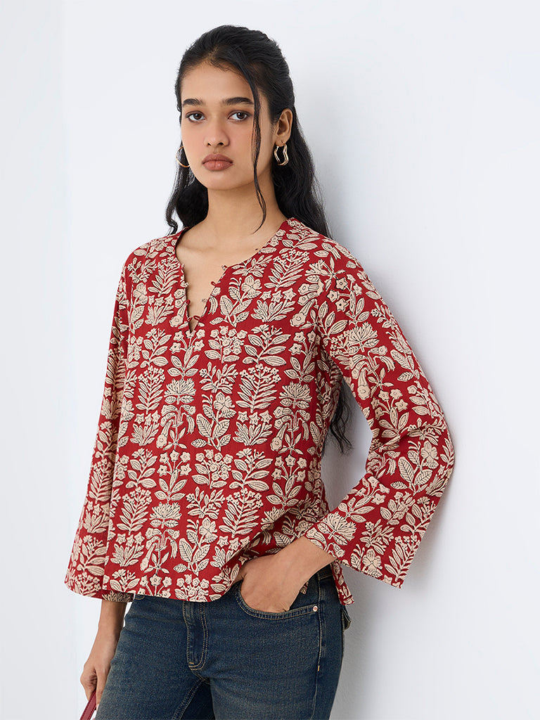 Utsa Red Floral Printed Cotton Tunic