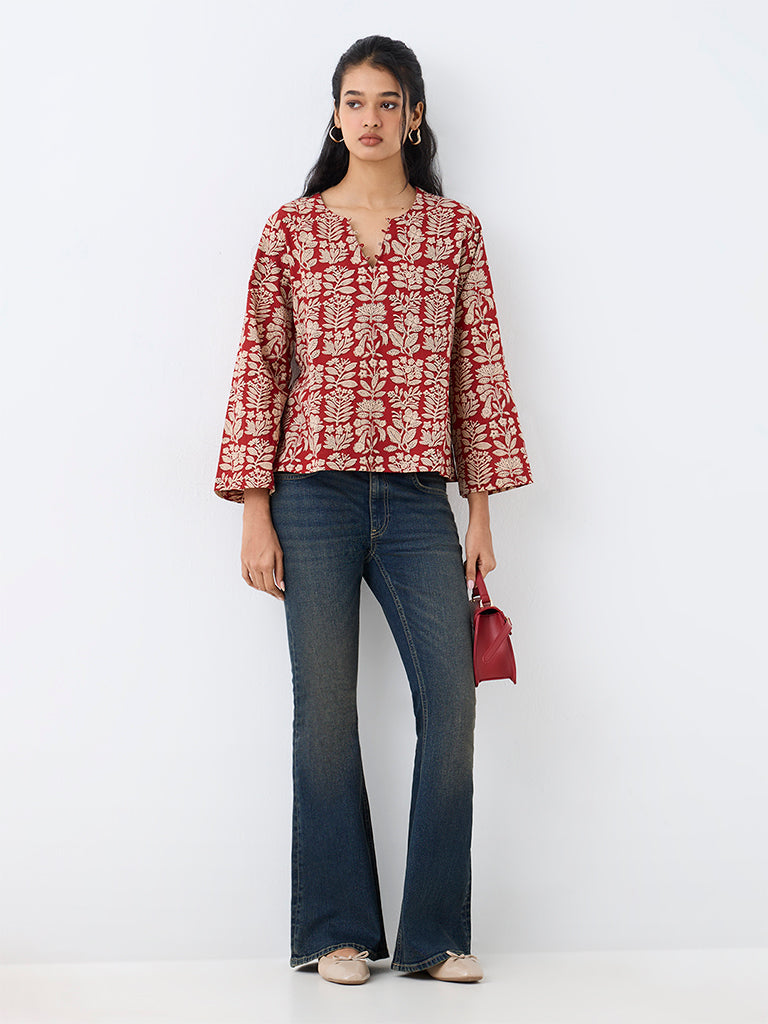 Utsa Red Floral Printed Cotton Tunic