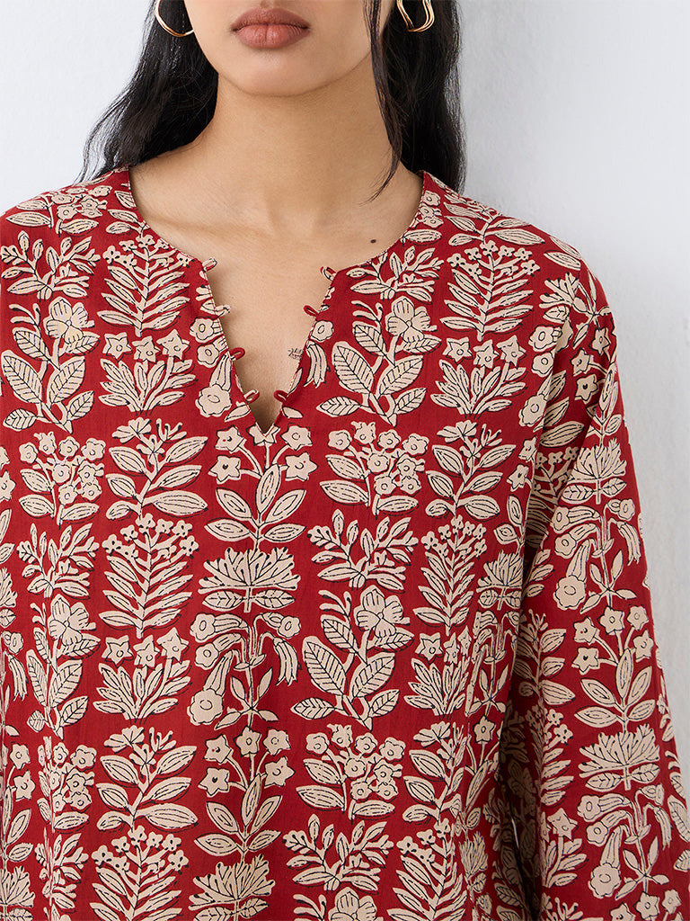 Utsa Red Floral Printed Cotton Tunic