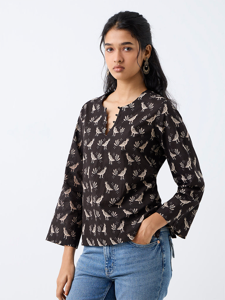 Utsa Black Bird Printed Cotton Tunic