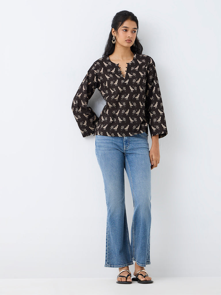 Utsa Black Bird Printed Cotton Tunic