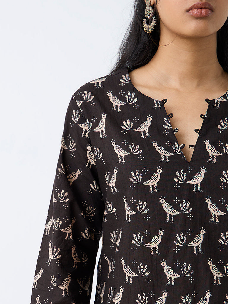 Utsa Black Bird Printed Cotton Tunic