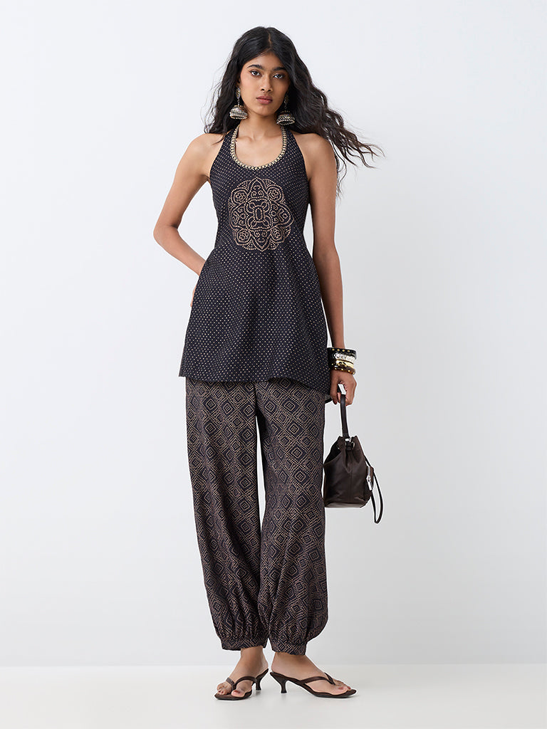Utsa Black Mandala Printed Halter-Neck Kurti