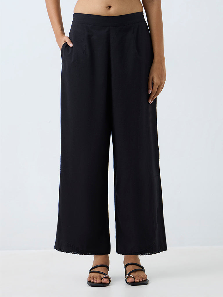 Utsa Black Solid Cotton Pants