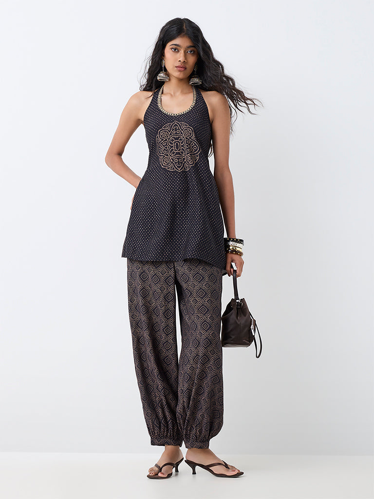 Utsa Black Geometric Printed Harem Pants