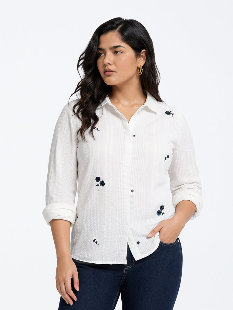 Gia White Floral Embroidered Cotton Shirt