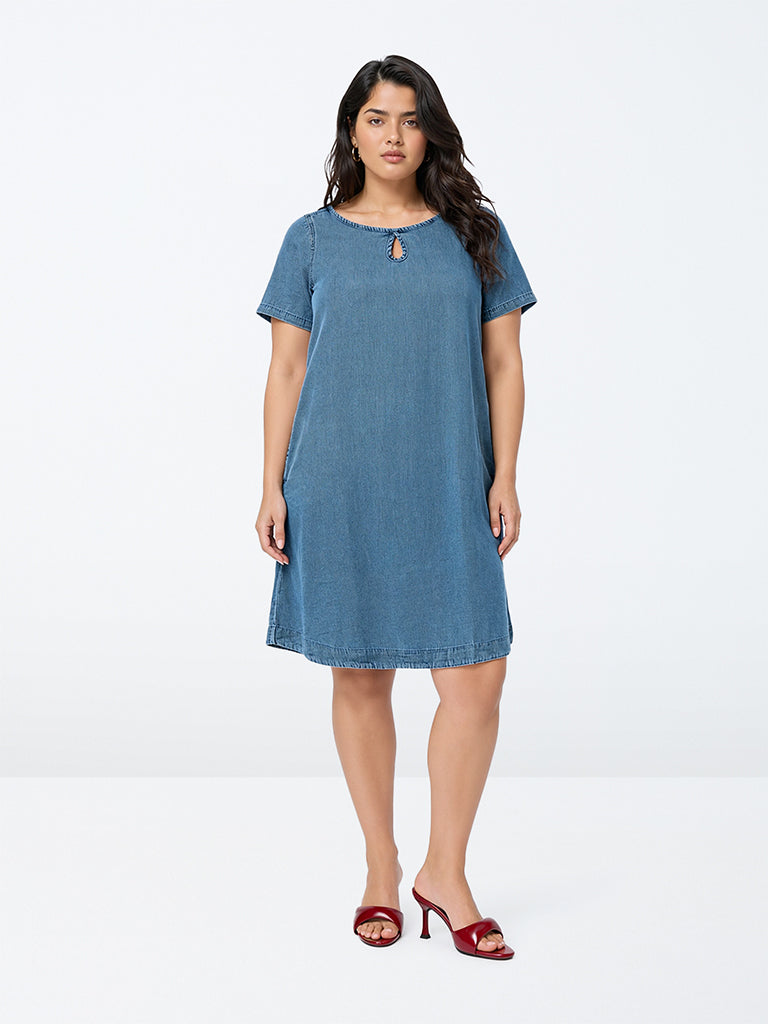 Gia Blue Solid Denim Cotton Straight Dress